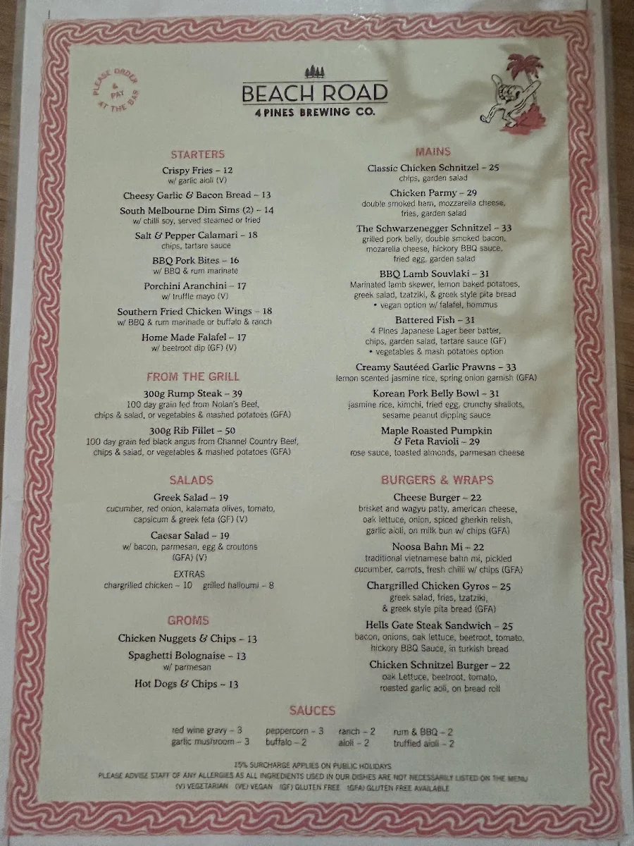 Menu, Beach Road By 4 Pines - Noosa