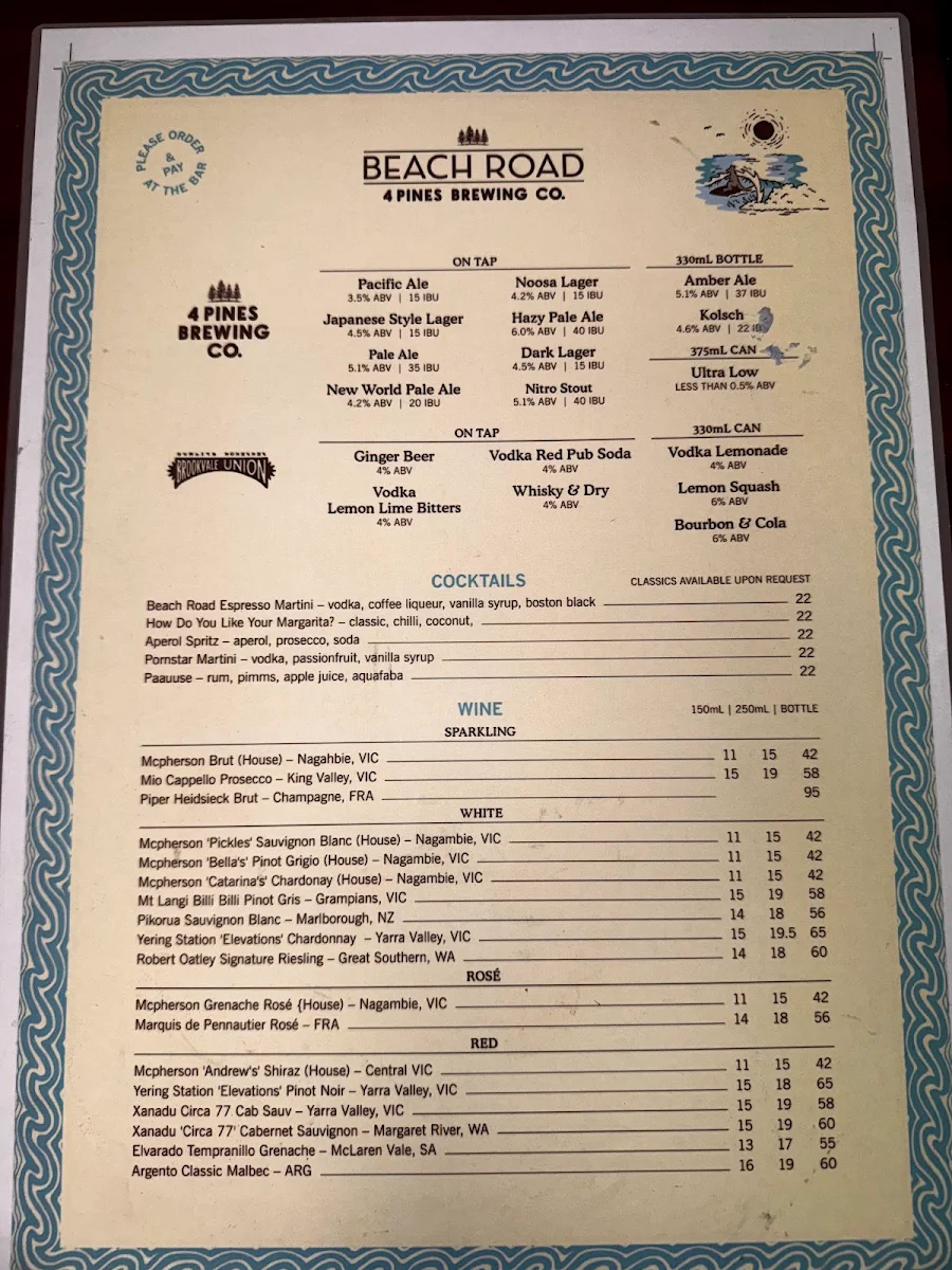 Menu, Beach Road By 4 Pines - Noosa
