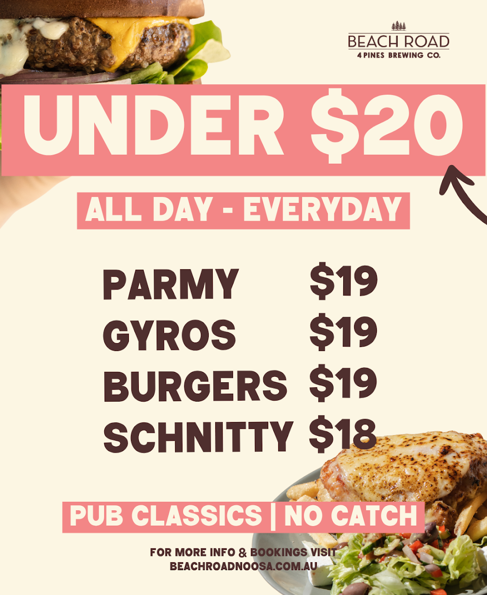Menu, Beach Road By 4 Pines - Noosa