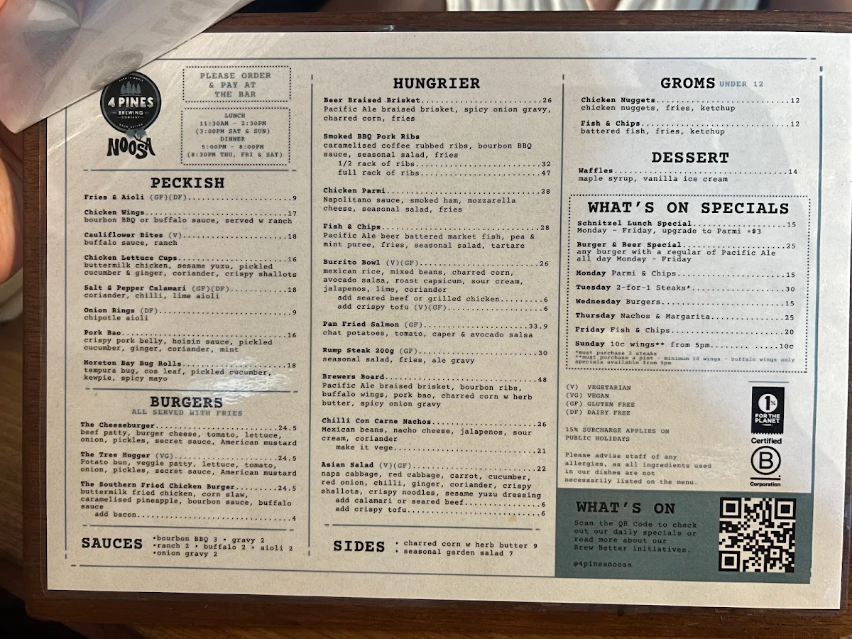 Menu, Beach Road By 4 Pines - Noosa
