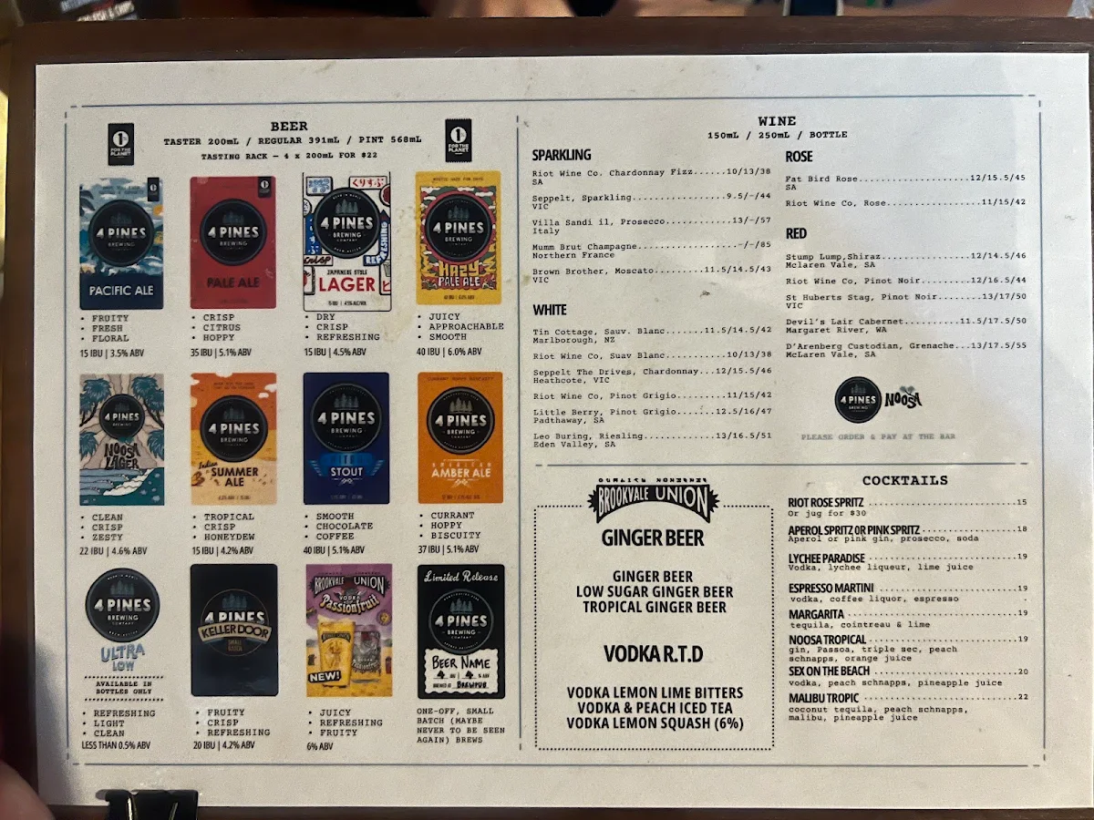Menu, Beach Road By 4 Pines - Noosa