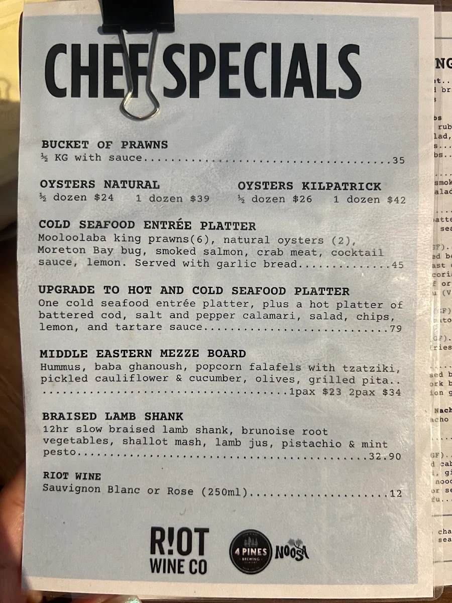 Menu, Beach Road By 4 Pines - Noosa