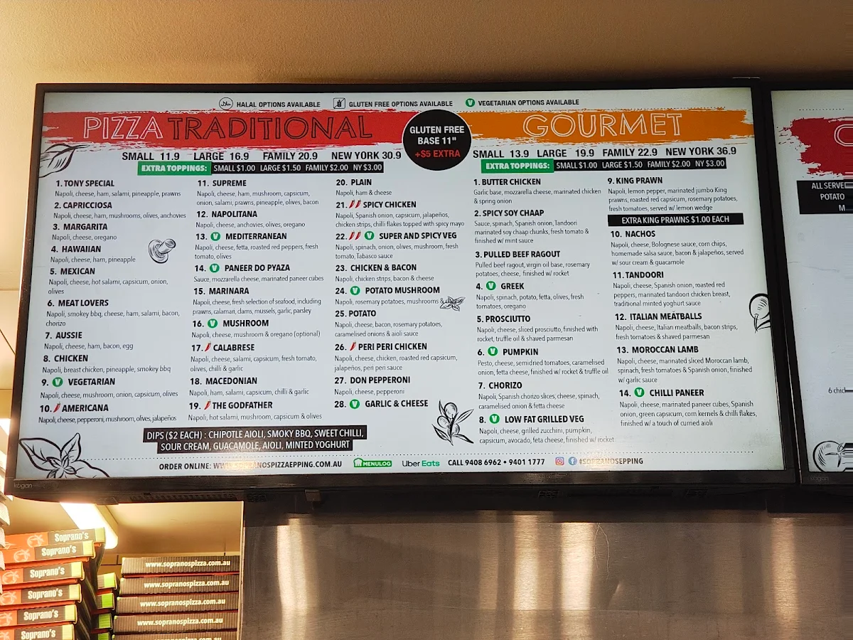 Menu, Sopranos Pizza Pasta & Grill