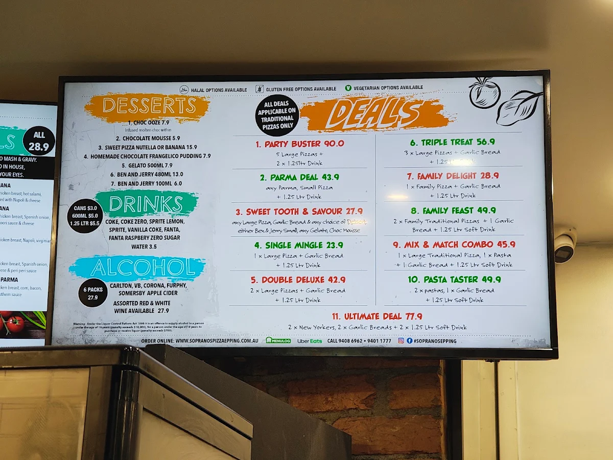 Menu, Sopranos Pizza Pasta & Grill