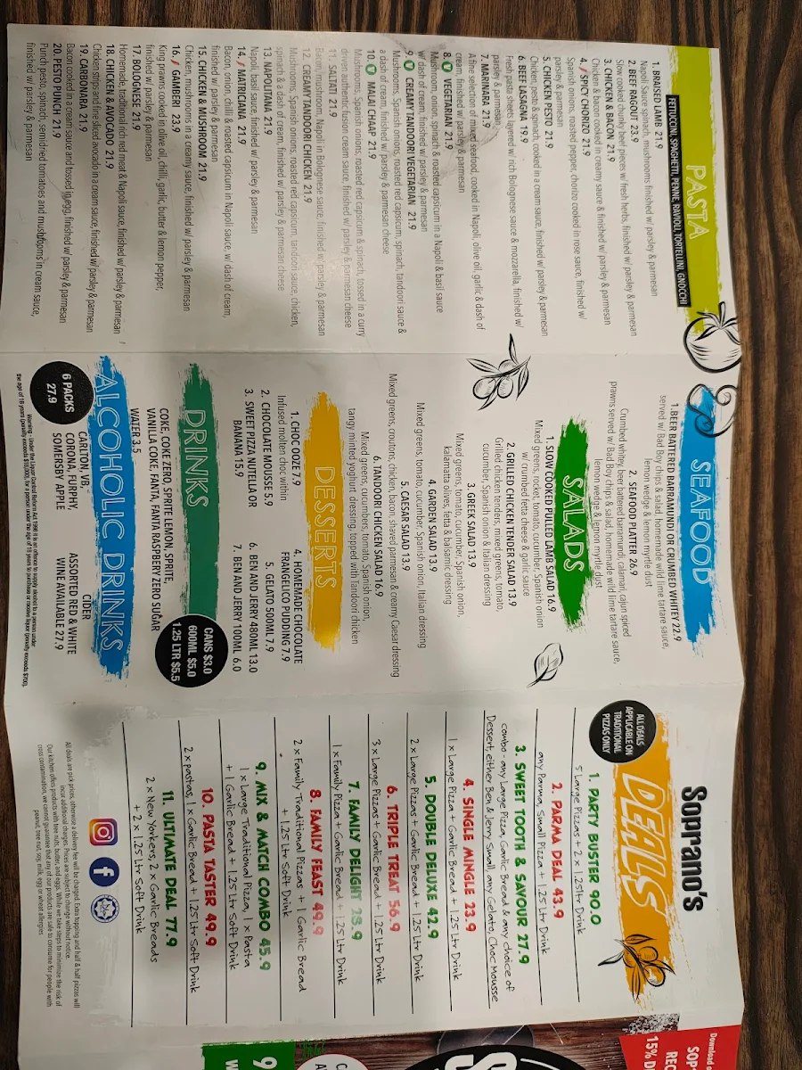 Menu, Sopranos Pizza Pasta & Grill