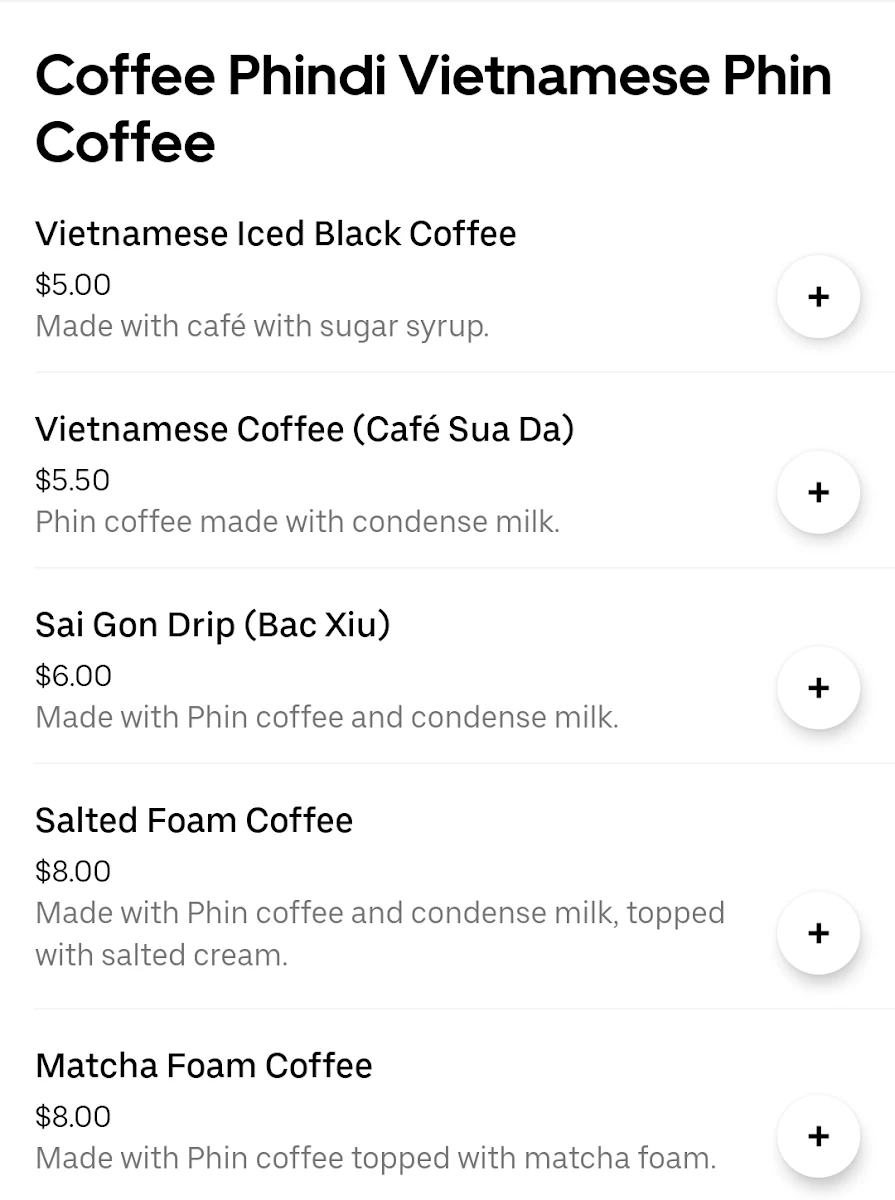 Menu, Phin Di Coffee