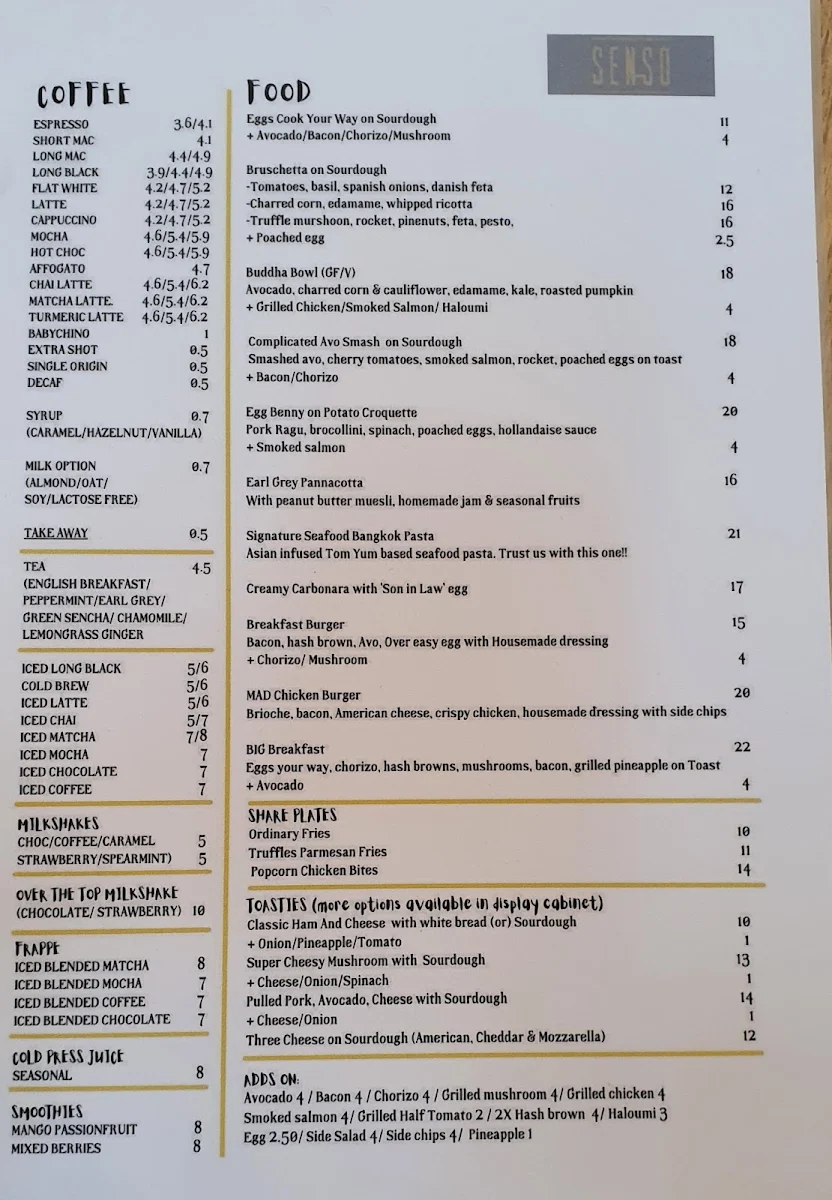 Menu, Senso Coffee + Kitchen