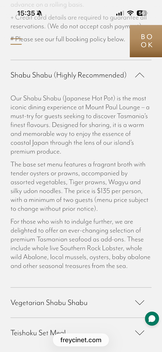 Menu, Mount Paul Lounge