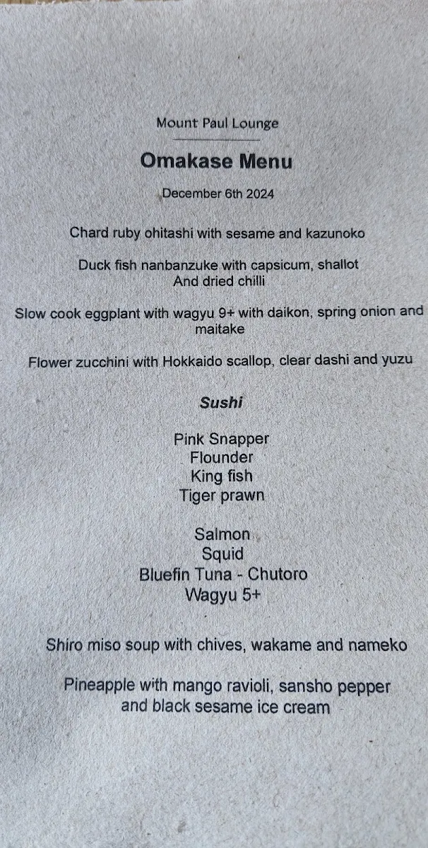 Menu, Mount Paul Lounge