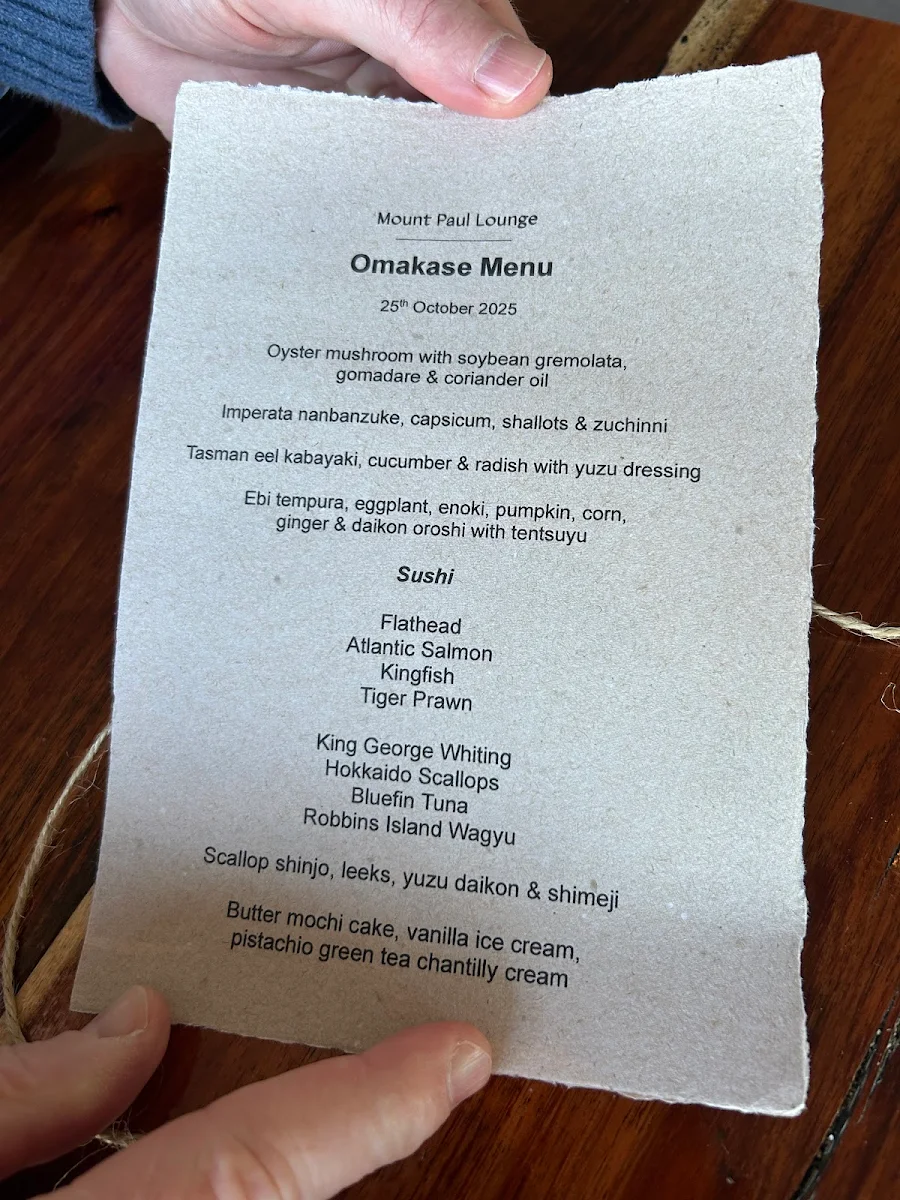 Menu, Mount Paul Lounge