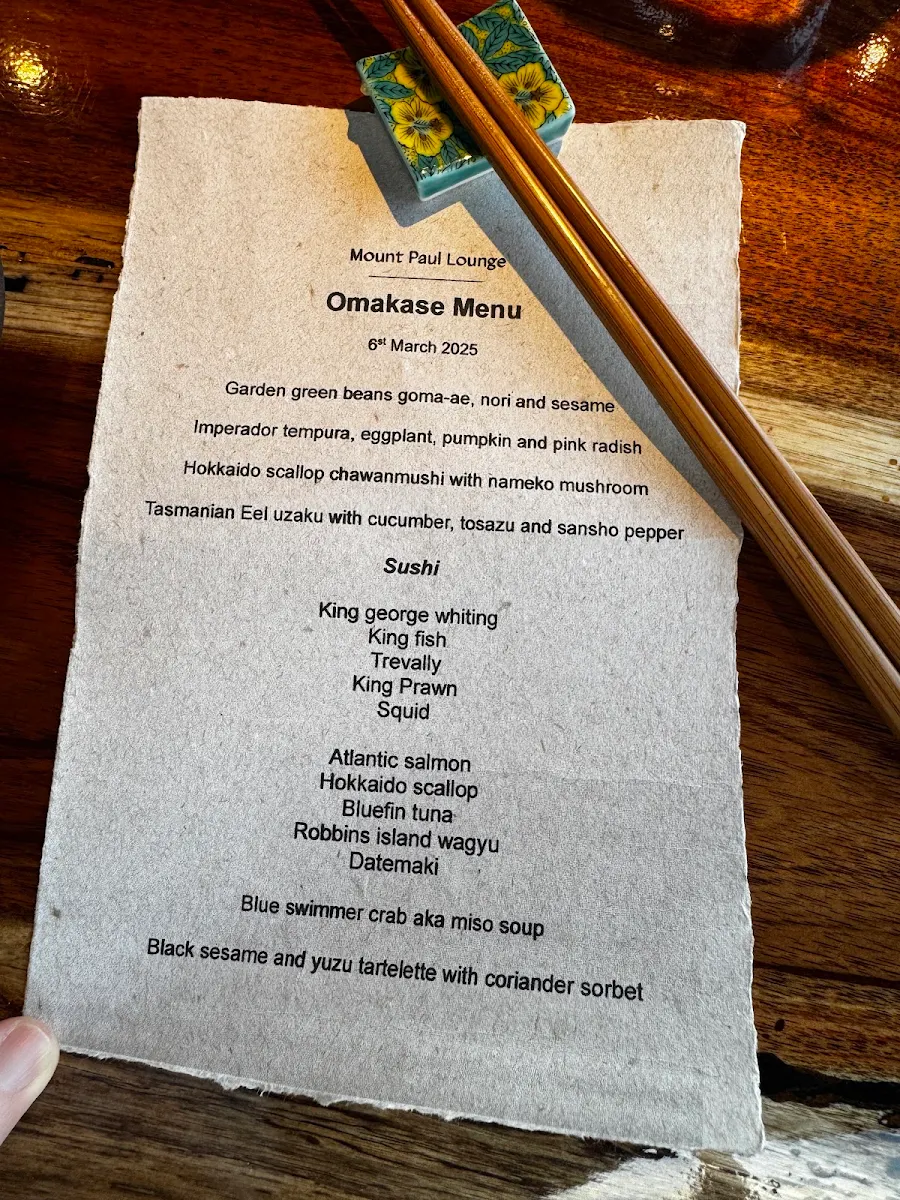 Menu, Mount Paul Lounge