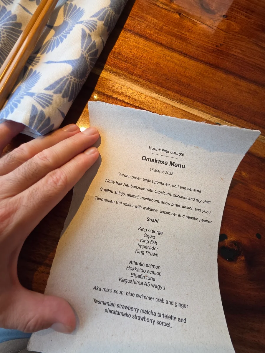 Menu, Mount Paul Lounge