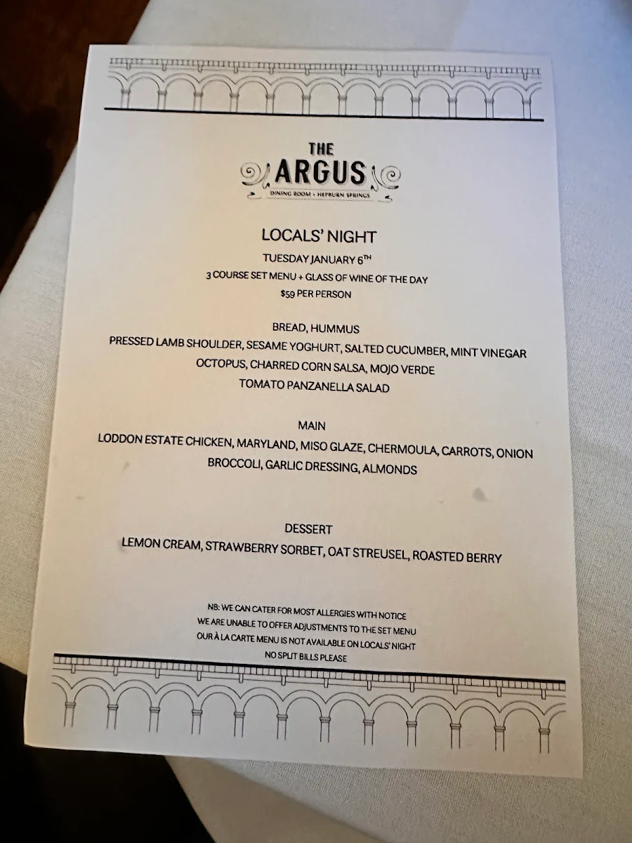 Menu, The Argus Dining Room