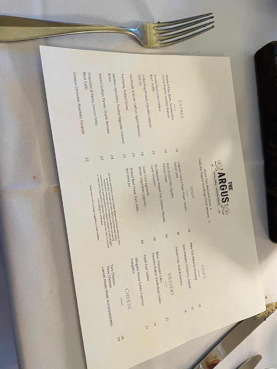 Menu, The Argus Dining Room