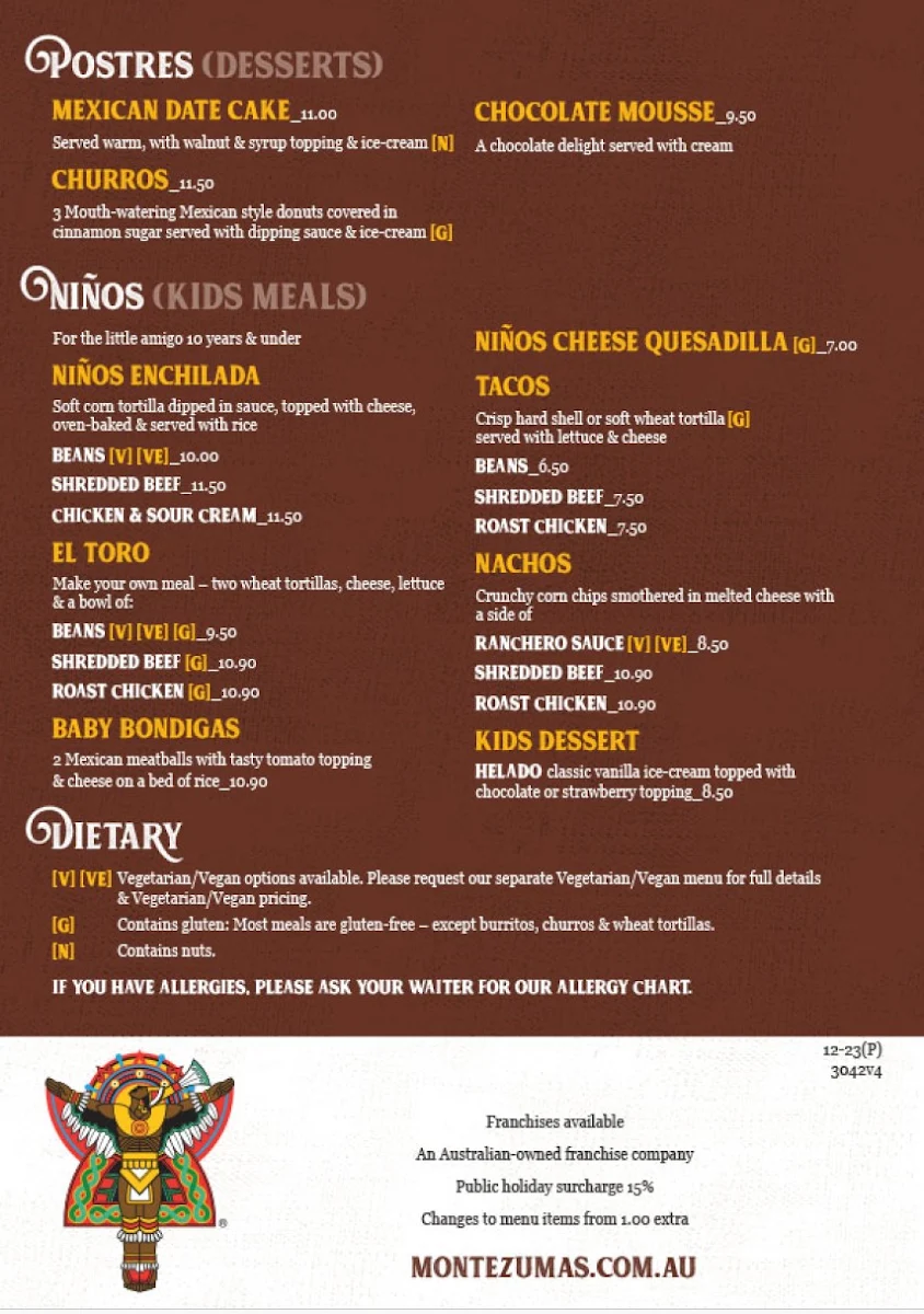 Menu, Montezuma's Mexican Restaurant & Bar - Mt Gravatt, QLD