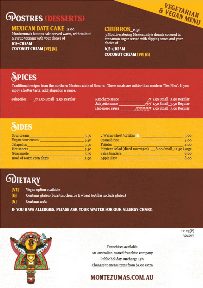 Menu, Montezuma's Mexican Restaurant & Bar - Mt Gravatt, QLD