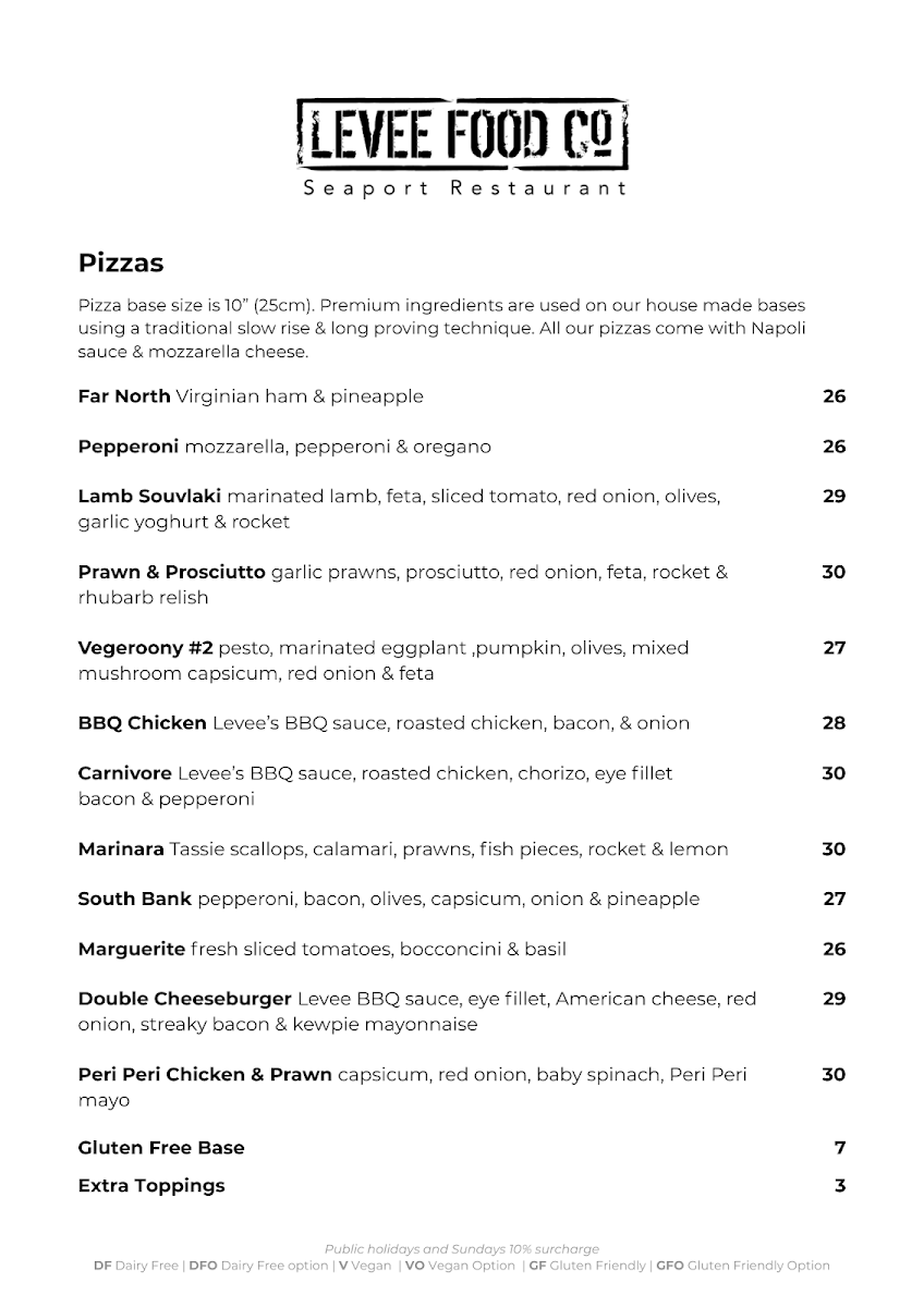 Menu, Levee Food Co