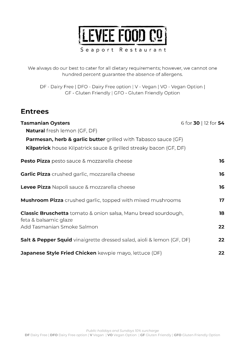 Menu, Levee Food Co