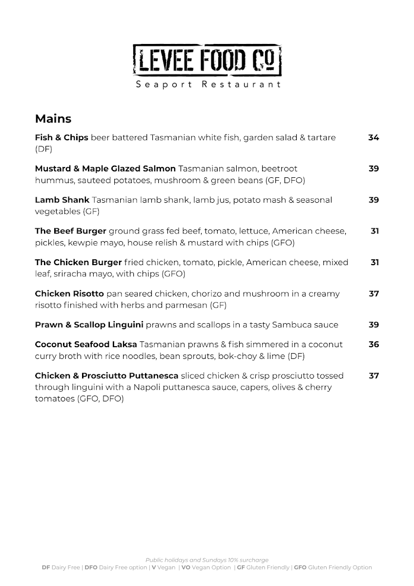 Menu, Levee Food Co