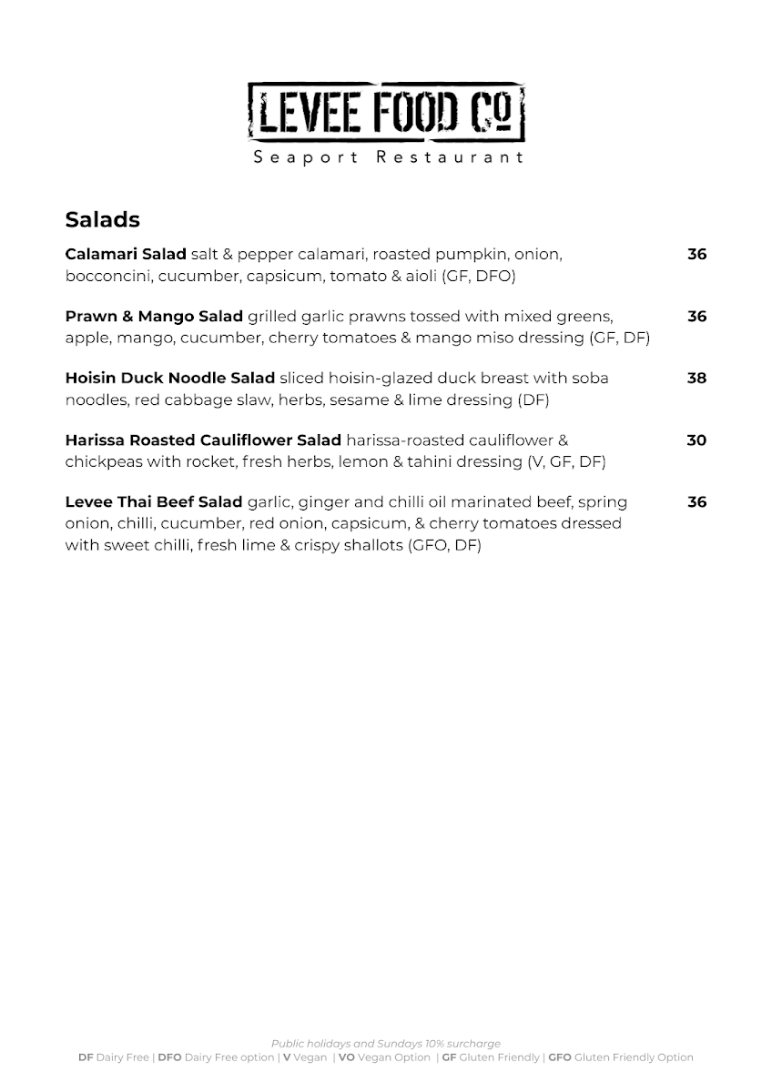 Menu, Levee Food Co