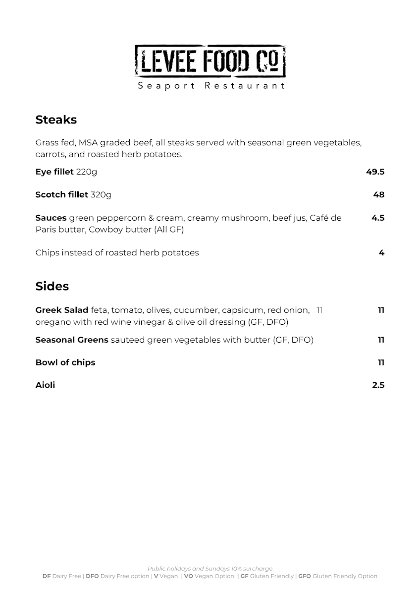 Menu, Levee Food Co