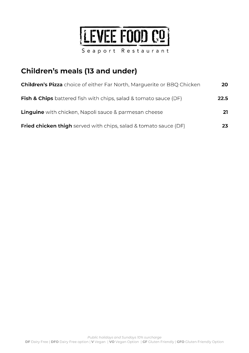 Menu, Levee Food Co