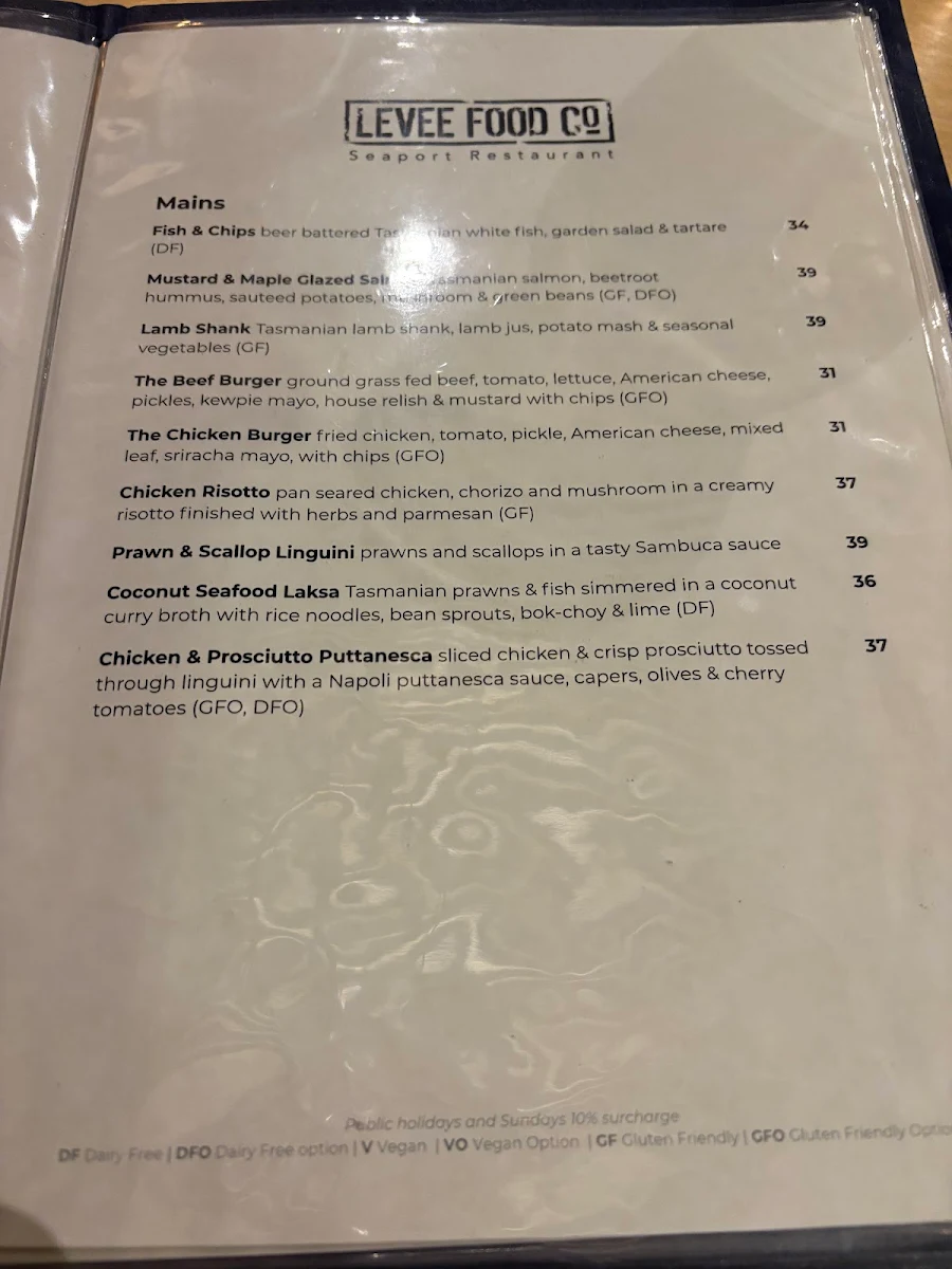 Menu, Levee Food Co