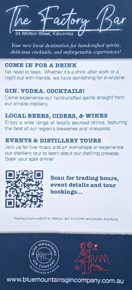 Menu, The Factory Bar & Blue Mountains Gin Company