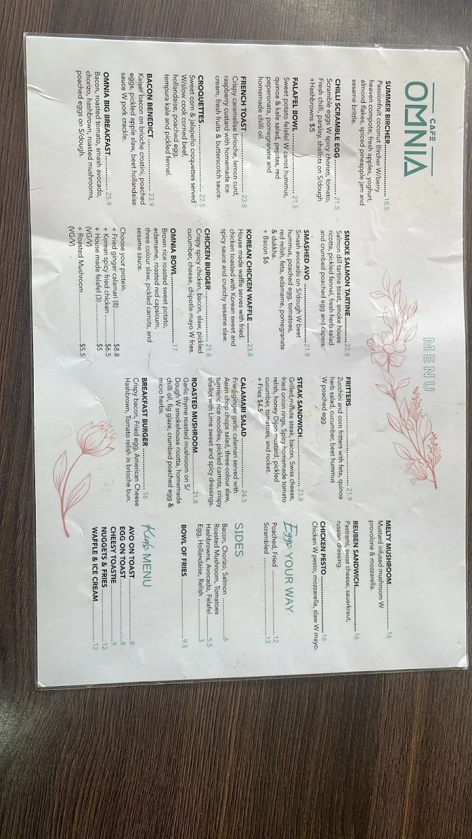 Menu, Cafe Omnia - Cafe & Events Space