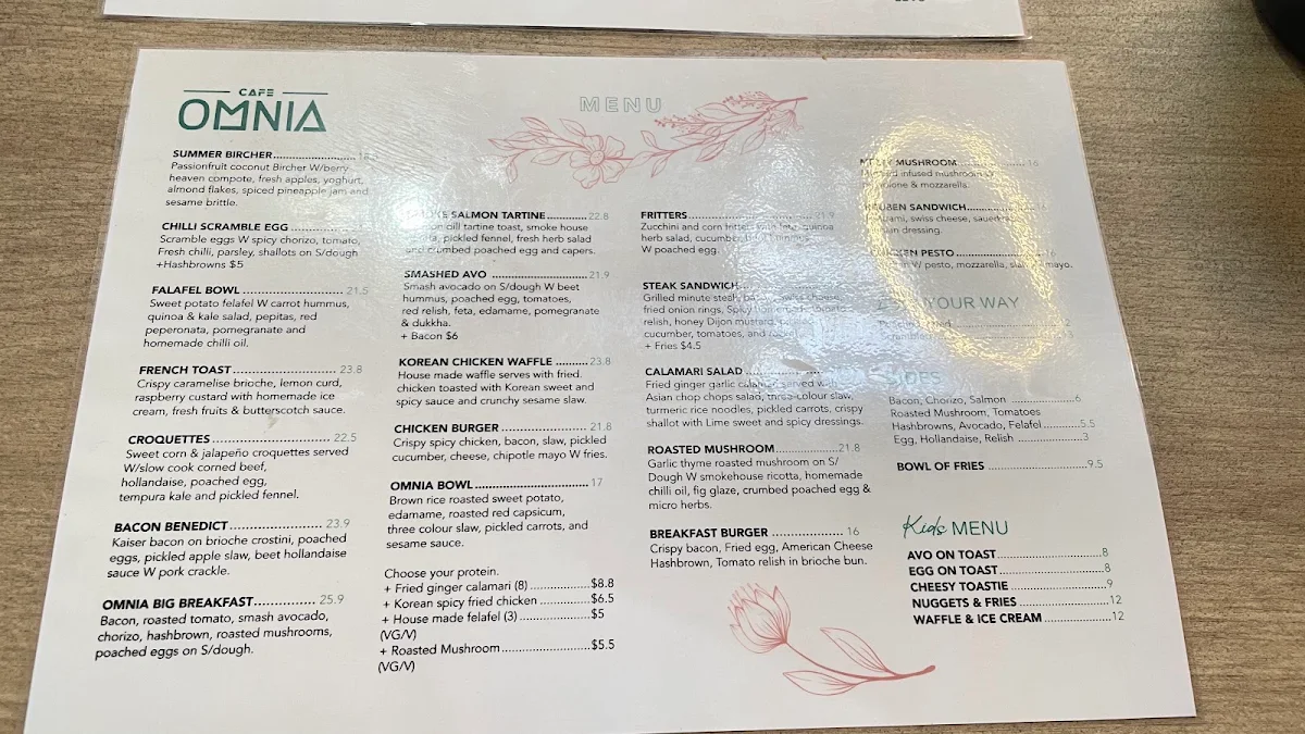 Menu, Cafe Omnia - Cafe & Events Space