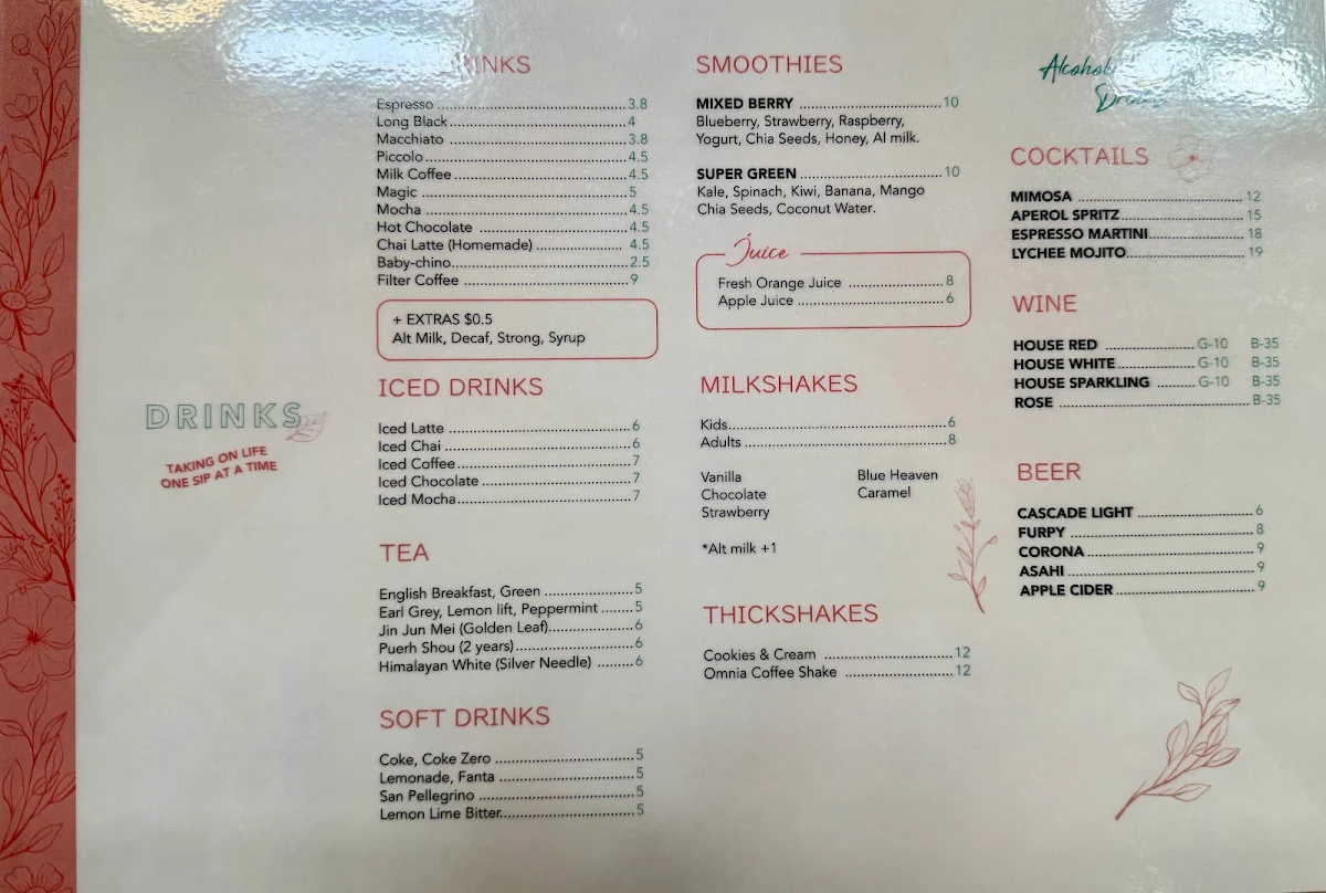 Menu, Cafe Omnia - Cafe & Events Space