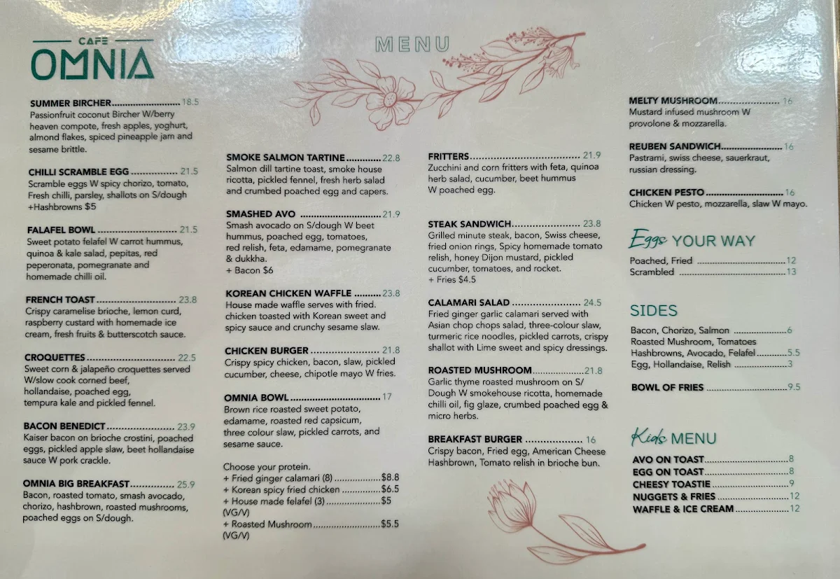 Menu, Cafe Omnia - Cafe & Events Space
