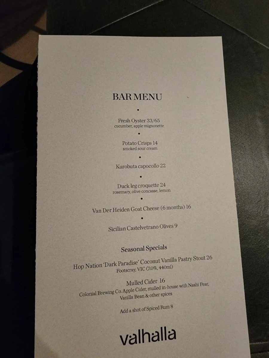 Menu, Valhalla