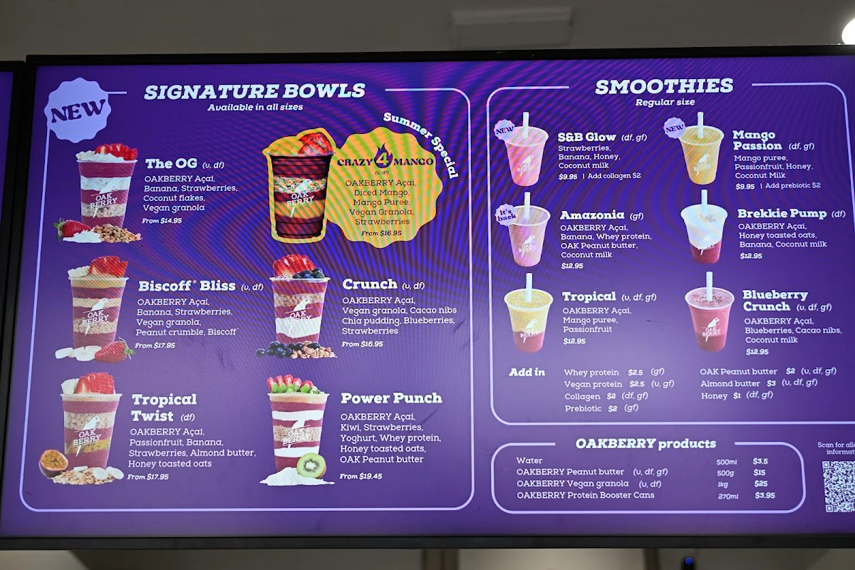Menu, Oakberry Acai Bar Beach - Newcastle