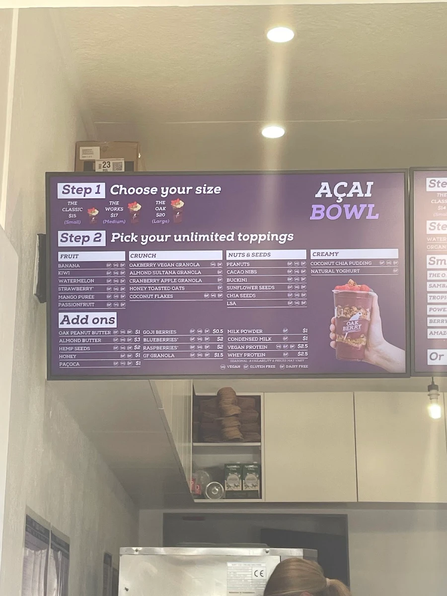 Menu, Oakberry Acai Bar Beach - Newcastle