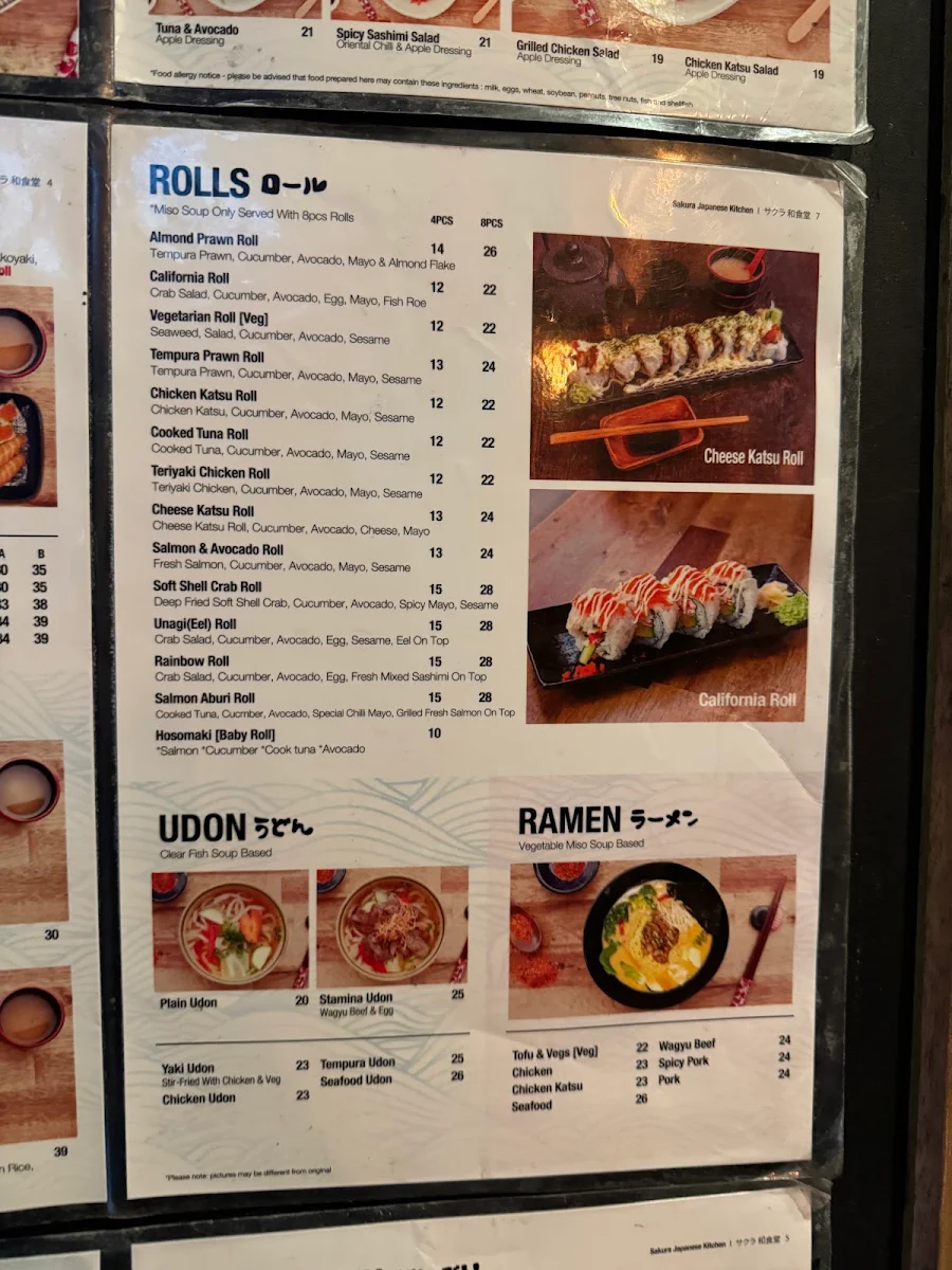 Menu, Sakura Japanese Kitchen