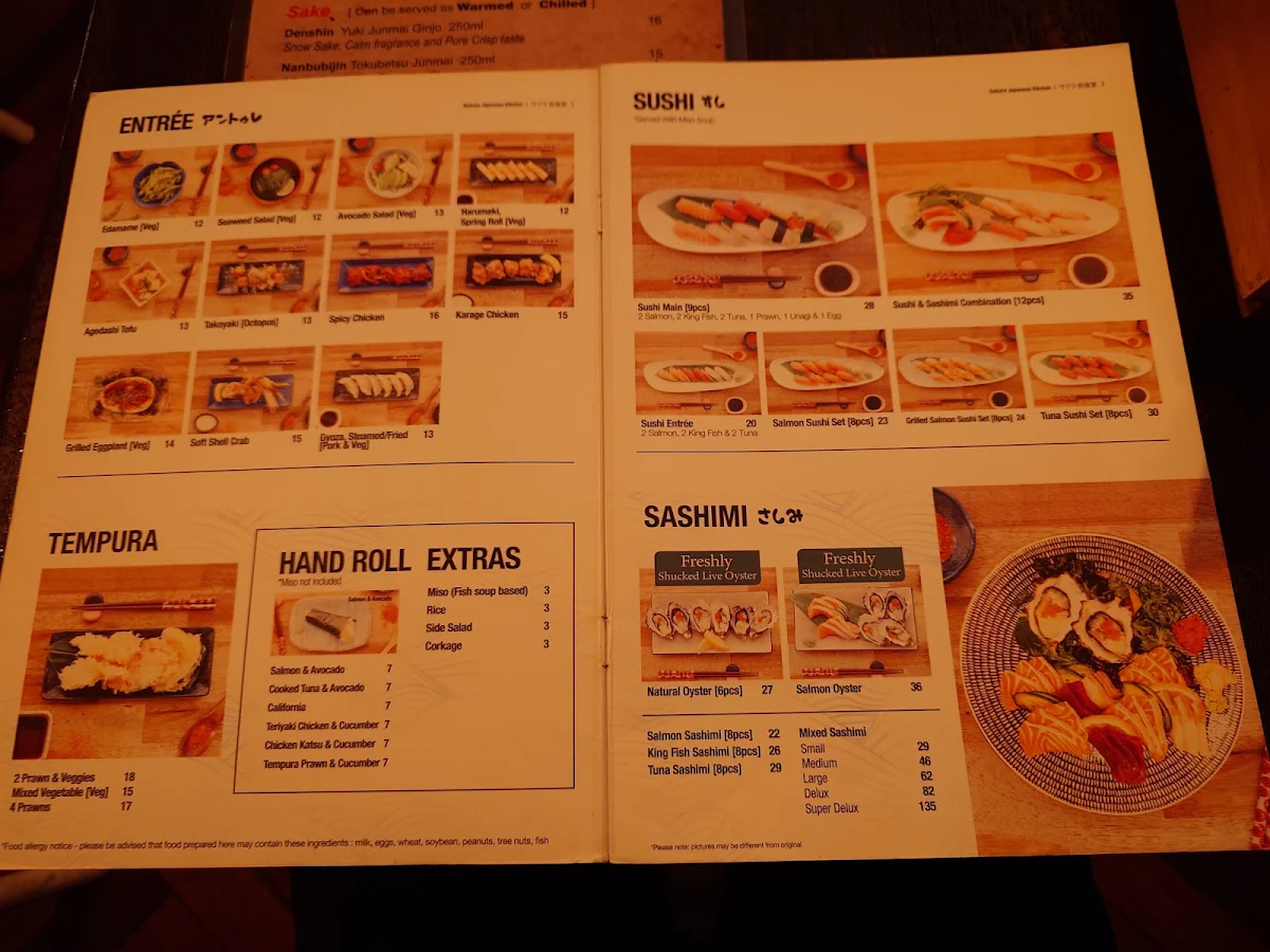 Menu, Sakura Japanese Kitchen