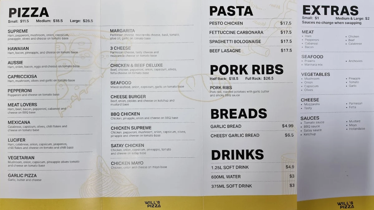 Menu, Will's Pizza (Yamanto)