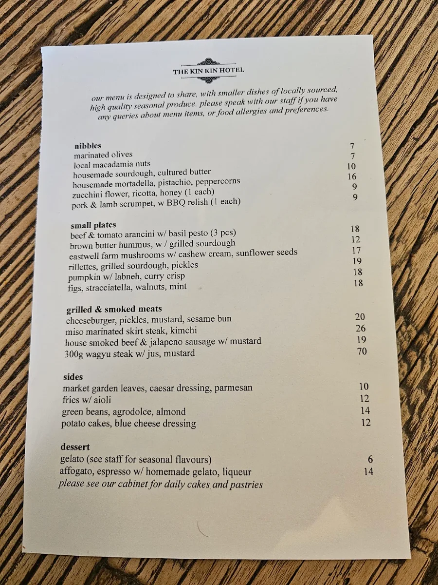 Menu, The Kin Kin Hotel