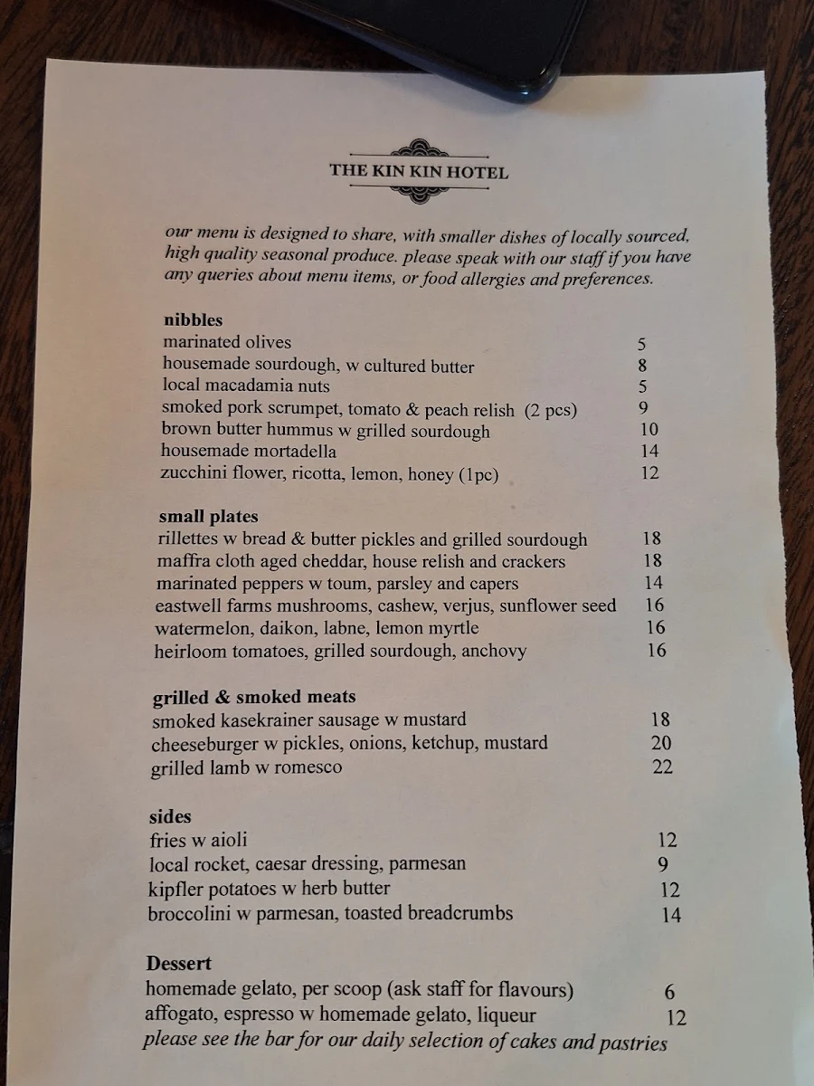 Menu, The Kin Kin Hotel