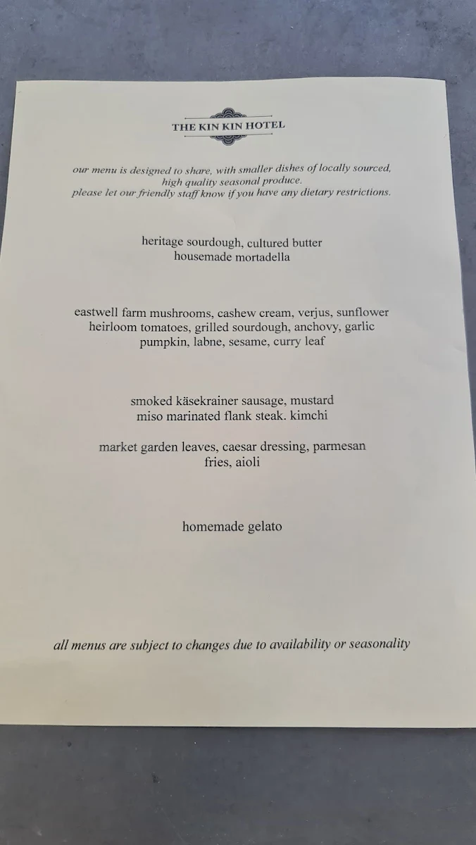 Menu, The Kin Kin Hotel