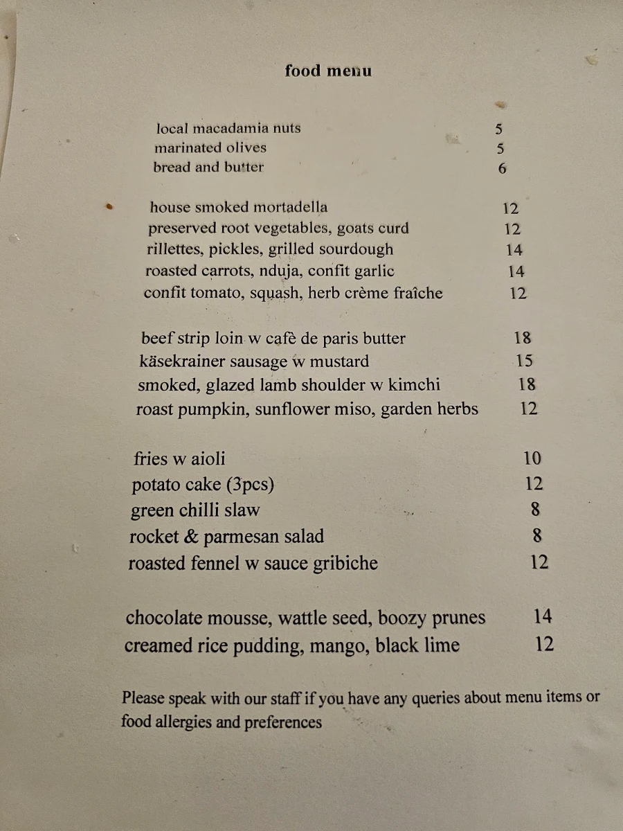 Menu, The Kin Kin Hotel