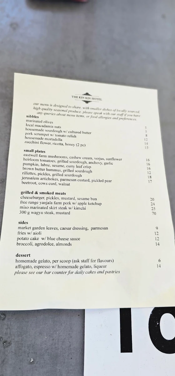 Menu, The Kin Kin Hotel
