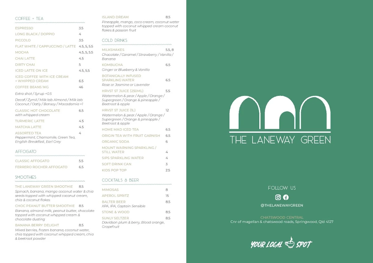 Menu, The Laneway Green