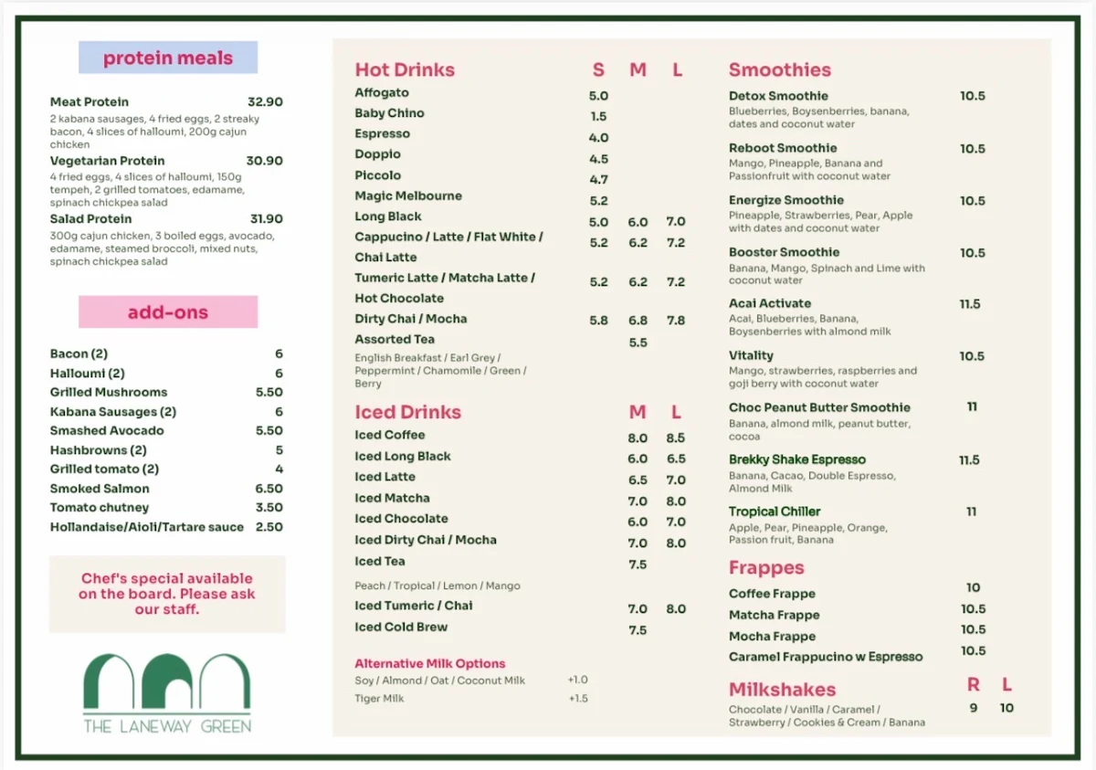 Menu, The Laneway Green