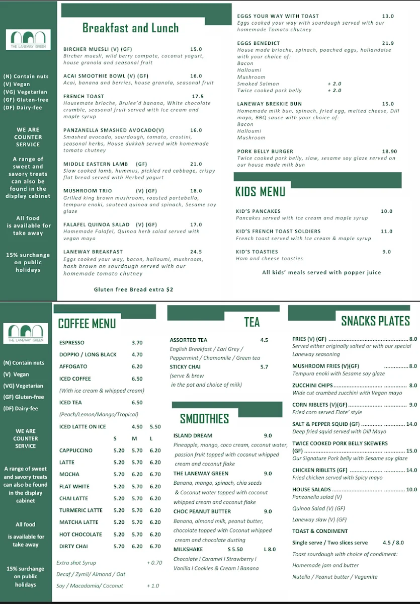 Menu, The Laneway Green