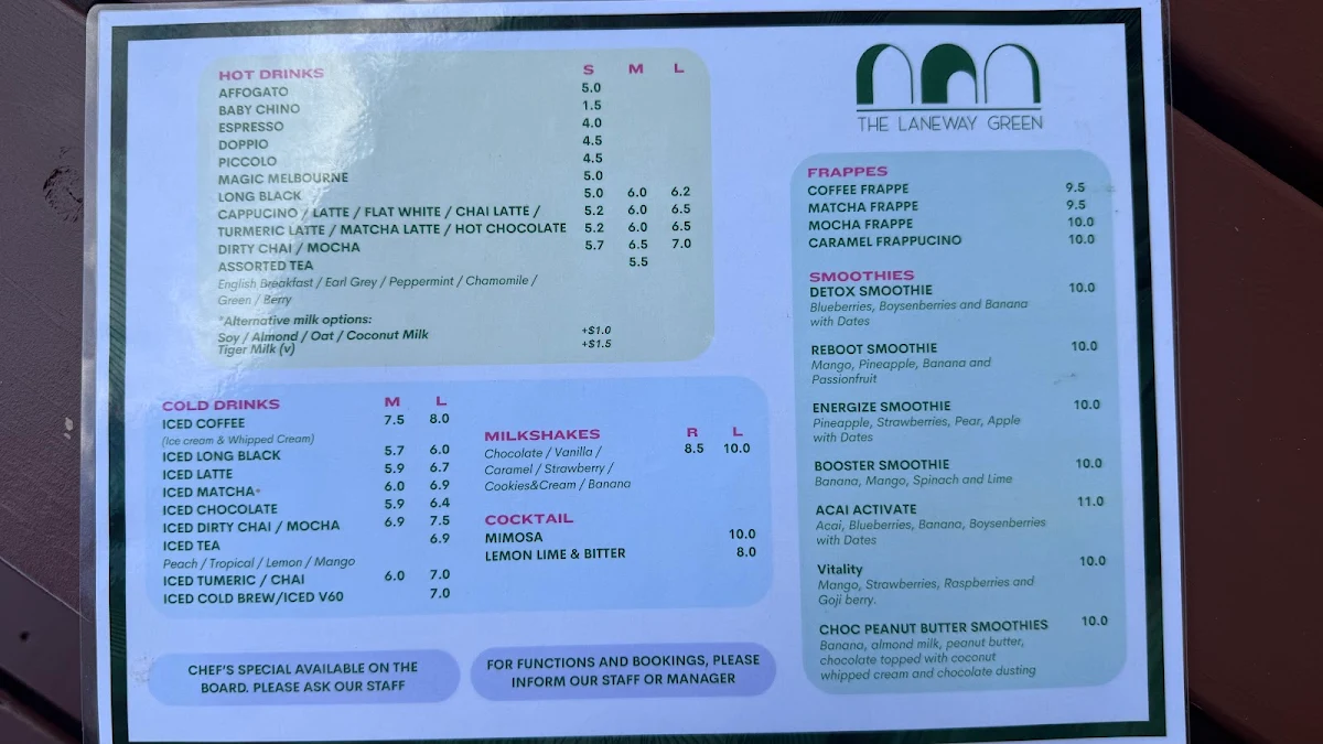 Menu, The Laneway Green