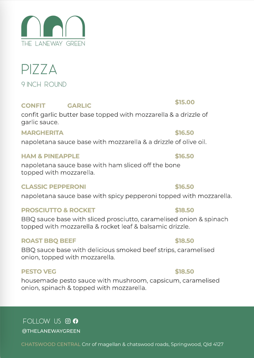 Menu, The Laneway Green