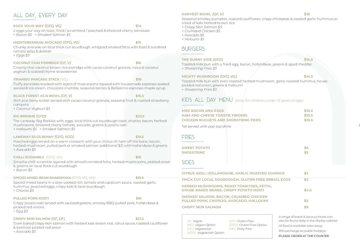 Menu, The Laneway Green