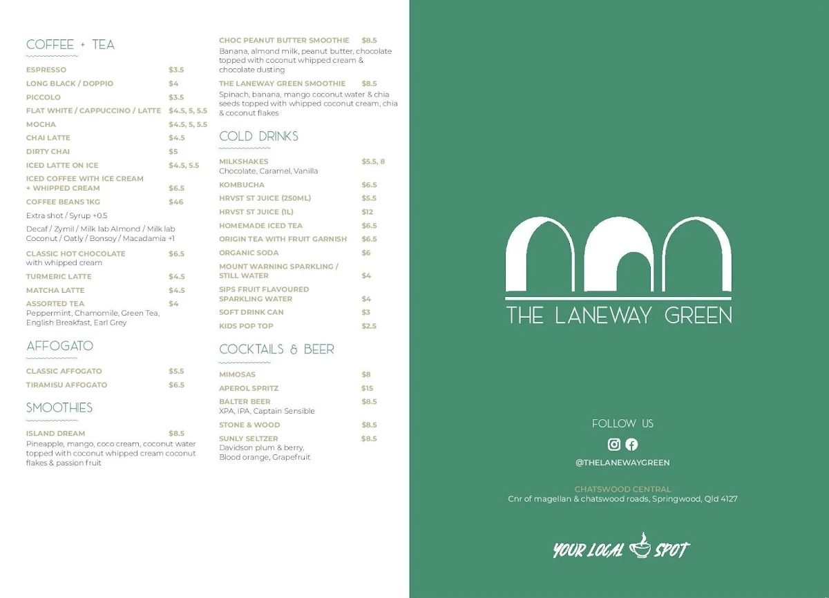 Menu, The Laneway Green
